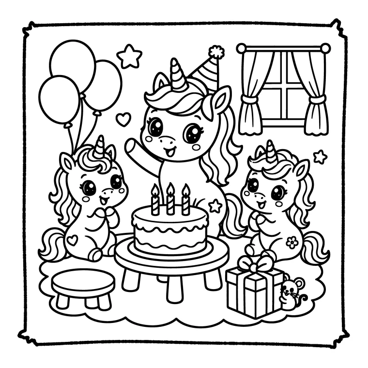 A coloring page: three unicorns at a birthday party, with Leo the mouse hidden somewhere in the drawing.