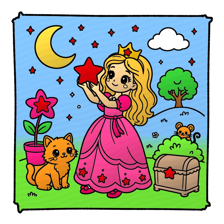 A finished coloring page: a princess under a crescent moon with her kitten.